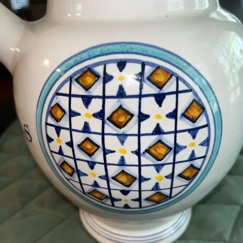 Williams Sonoma Ceramic Pitcher Blue and Gold Geometric Design. Wine pitcher